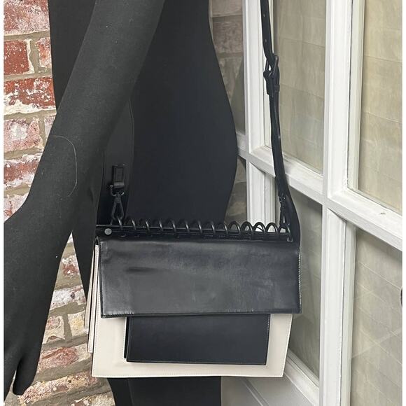 Atribut Handcrafted Black & White Leather Bag Detachable Strap/ Spiral Top NEW